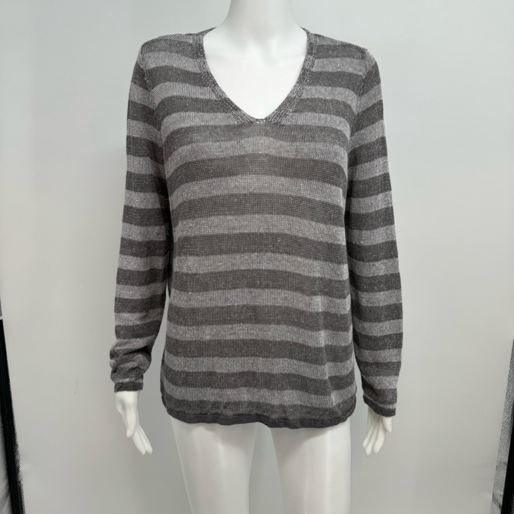 Eileen Fisher Pullover Sweater Women’s M Gray Organic Linen V-Neck Striped